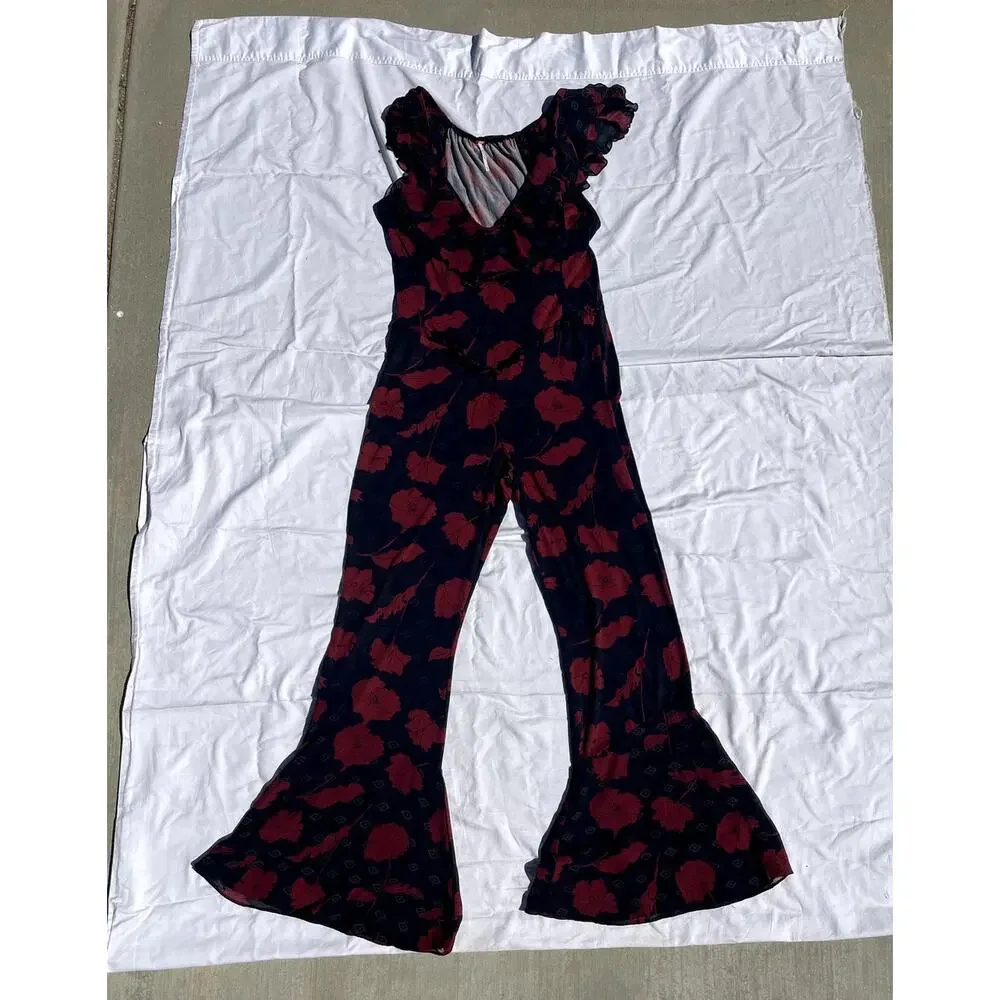 Free People Austyn Red Floral Black Goth Boho Bell Bottom Ruffle Jumpsuit Med